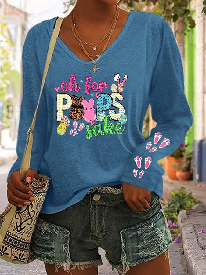 Women's Happy Easter Oh For Peeps Sake V-Neck Long-Sleeve T-Shirt