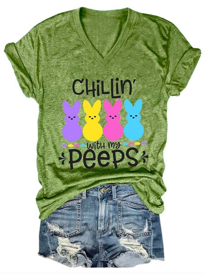Women's Chillin With My Peeps Print V-Neck Casual T-Shirt