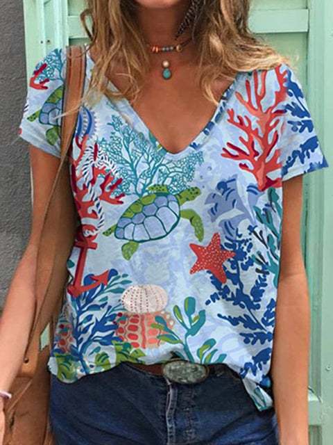 Women's Summer Sea Turtle Print Tee
