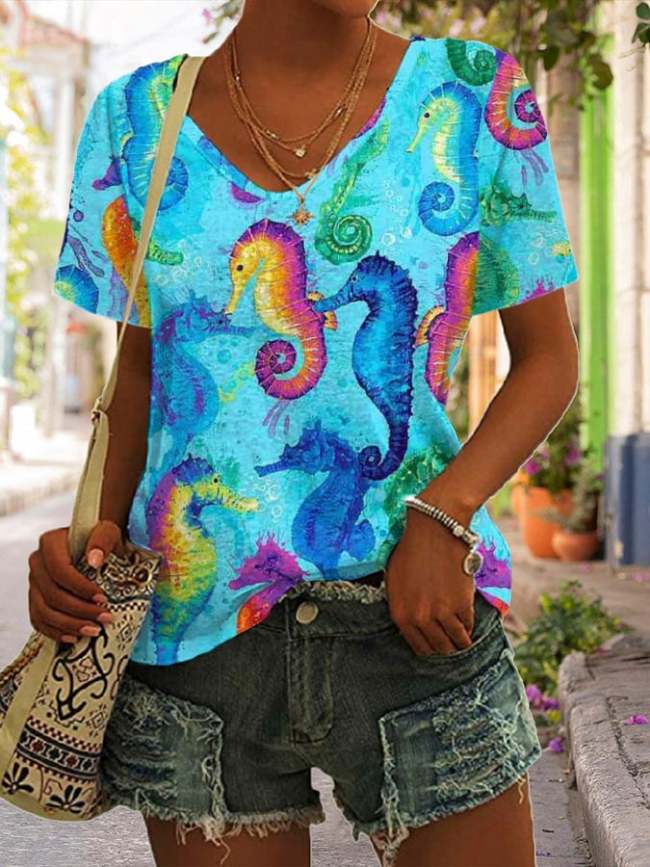 Holiday Seahorse Print Short Sleeve Top