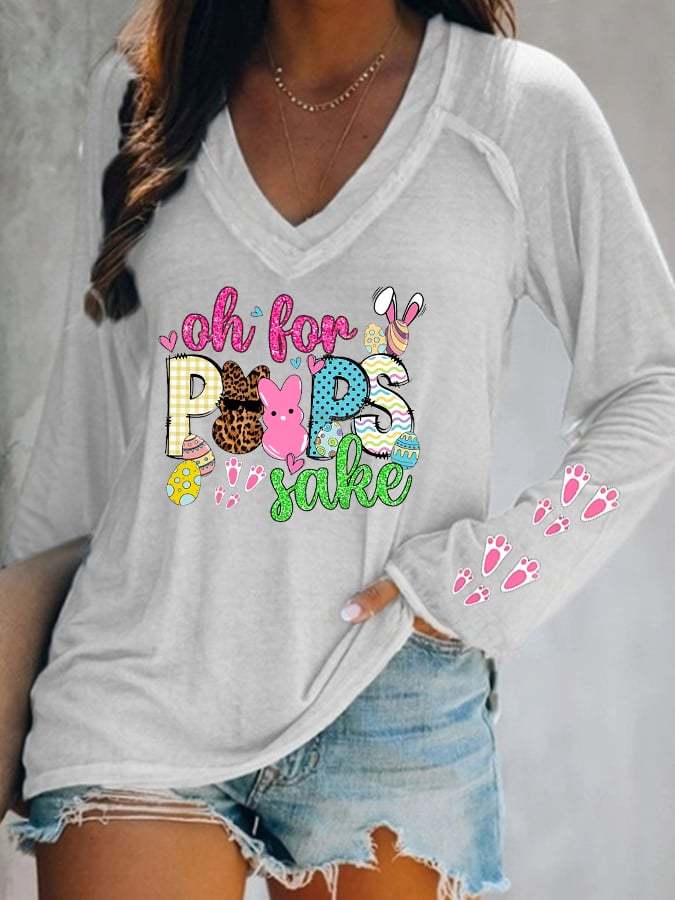 Women's Easter Colorful Sugar Bunny Casual V-Neck Long-Sleeve T-Shirt