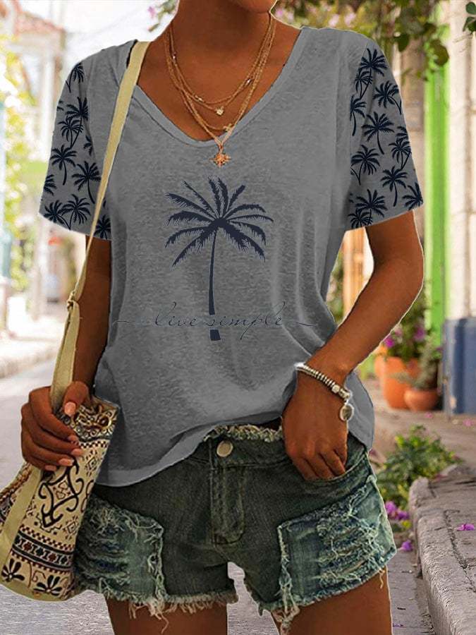 Women's V Neck Coconut Tree Print Short Sleeve T-Shirt