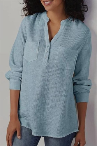 Women's V-neck Solid Color Pockets Long Sleeves Tops