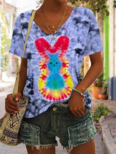 Women's Easter Bunny Color Tie Dye Print V-Neck T-Shirt
