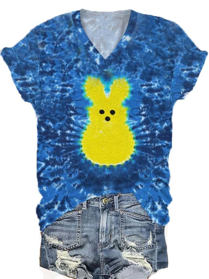 Women's Easter Bunny Color Tie Dye Print V-Neck Short Sleeve T-Shirt