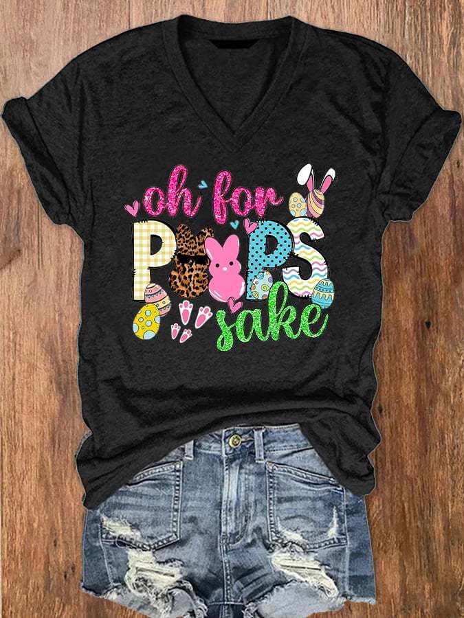 Women's Happy Easter Oh For Peeps Sake Print V-Neck T-Shirt