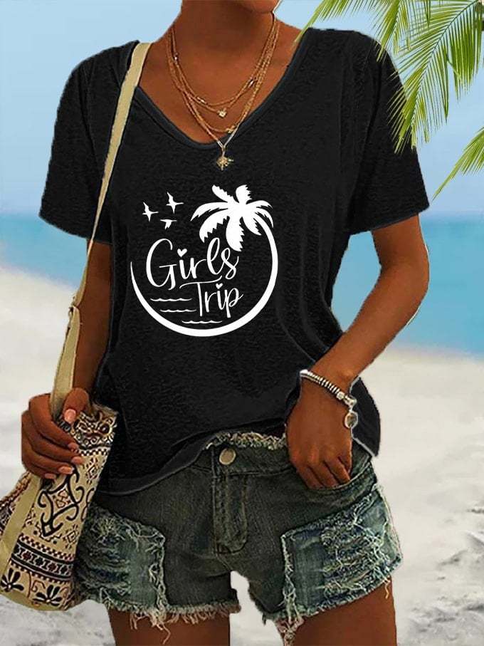Women's Beach Vibes Girl's Trip Palm Coconut Tree Print V-Neck T-Shirt