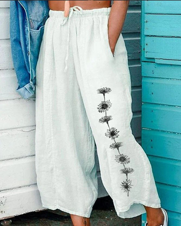 Casual Cotton and Linen Printed Tie Mid-length Loose Pants