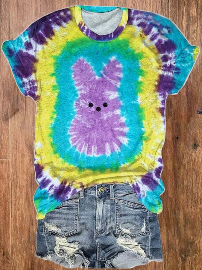 Women's Easter Tie Dye Bunny Print Short Sleeve T-Shirt