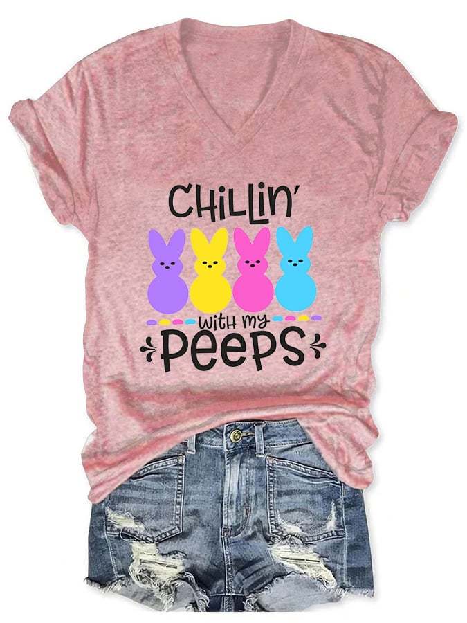 Women's Chillin With My Peeps Print V-Neck Casual T-Shirt