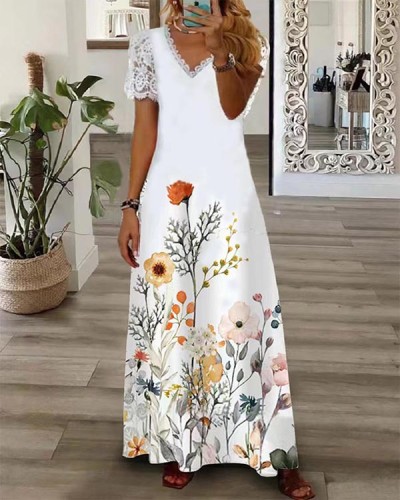 Casual V Neck Lace Short Sleeve Floral Dress