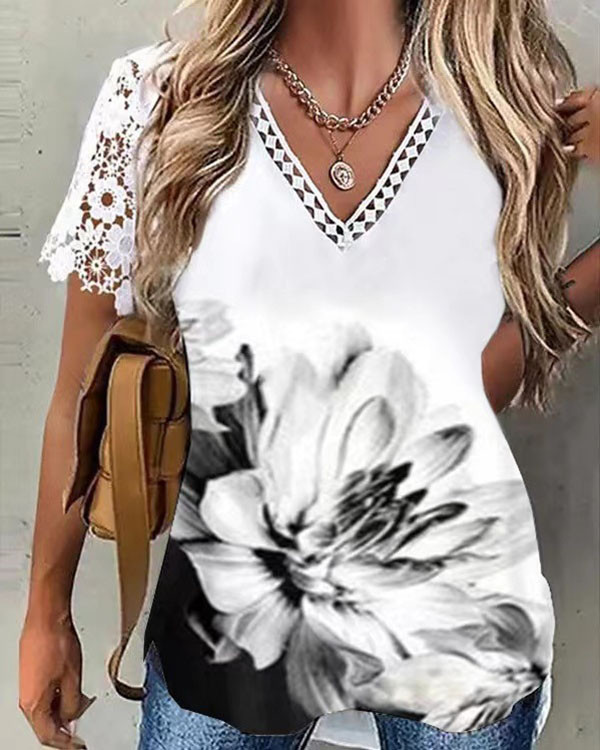 Lace-sleeved Lace-panel Printed V-neck Top