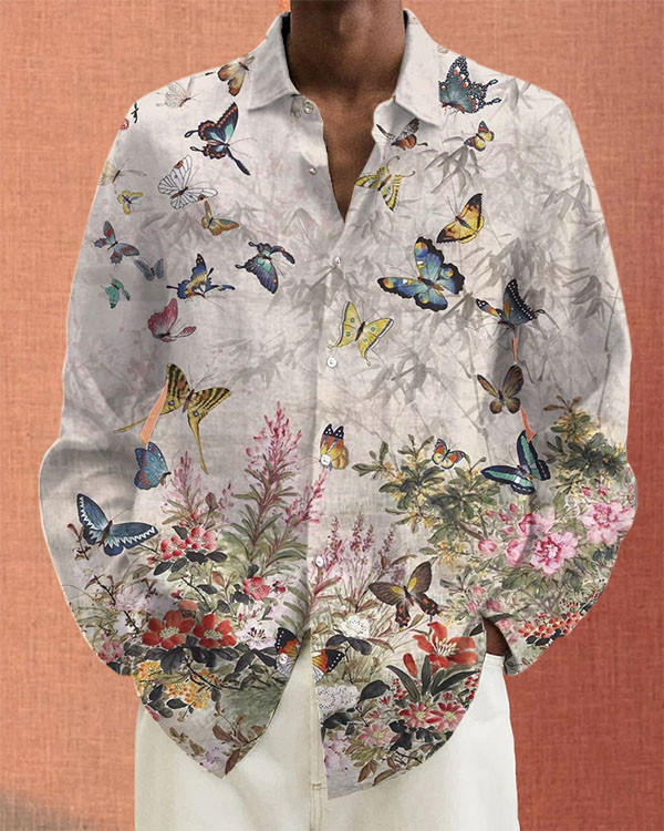 Men's Butterfly Floral Long Sleeve Casual Shirt