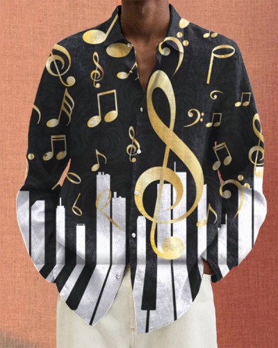 Men's Long Sleeve Piano Music Note Casual Shirt