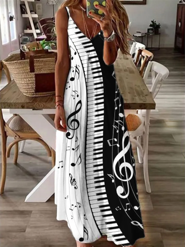 Music Notes Piano Keys Contrast Cami Maxi Dress