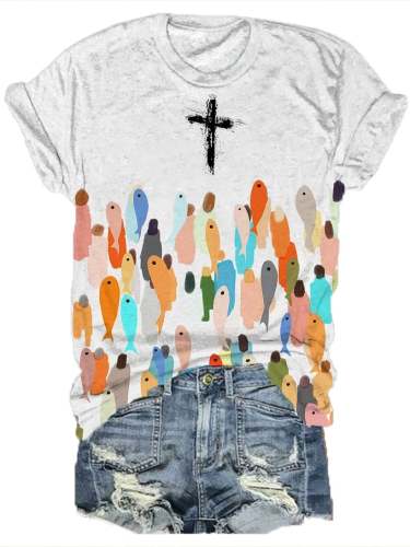 Women's Faith Respect Workship Fish For People Jesus Cross Print T-Shirt