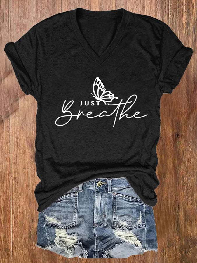 Women's Just Breathe Print V-Neck Casual T-Shirt