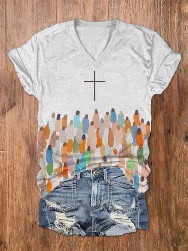 Women's Faith Respect Jesus Cross Print V-Neck T-Shirt