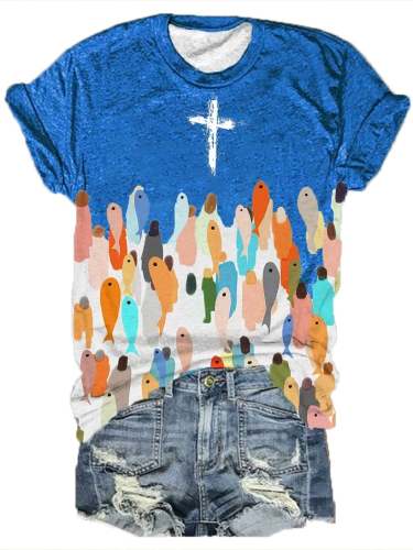 Women's Faith Respect Workship Fish For People Jesus Cross Print T-Shirt