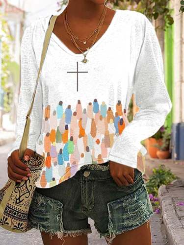 Women's Faith Respect Workship Jesus Cross Print V-Neck Top