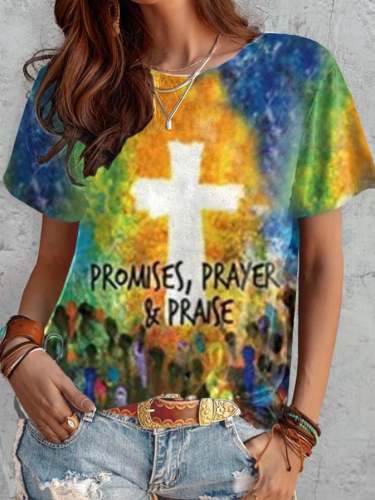 Women's Promises Prayer Praise Print Casual T-Shirt