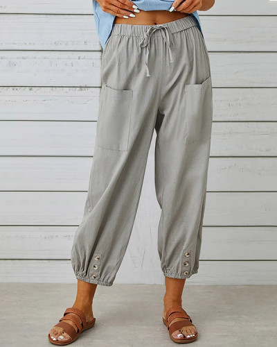 Casual Loose Cotton and Linen Cropped Wide-leg Pants