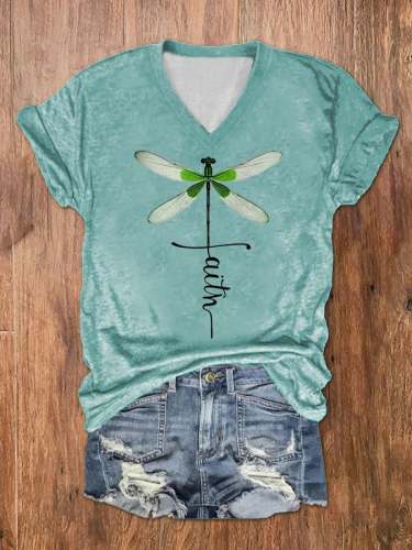 Women's Dragonfly Faith Print V-Neck Tee