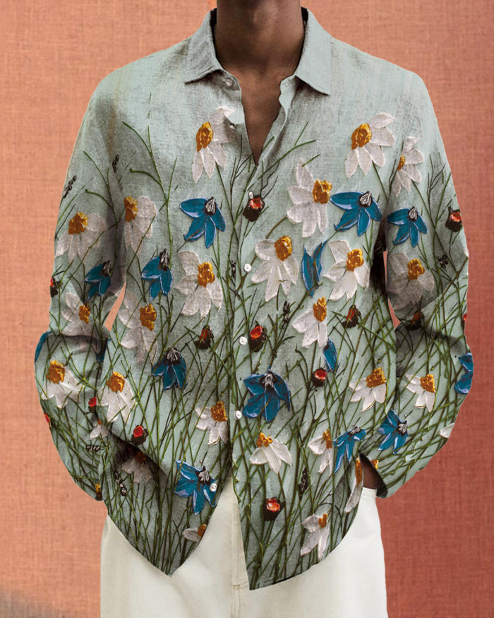 Men's cotton&linen long-sleeved fashion casual shirt 4e05