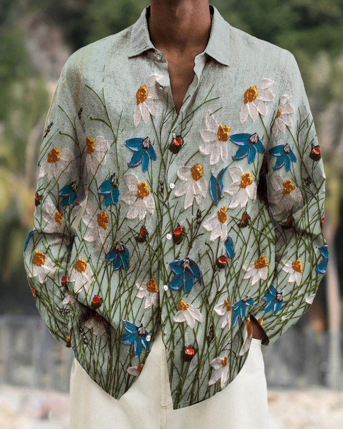 Men's cotton&linen long-sleeved fashion casual shirt 4e05