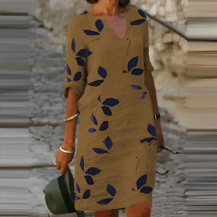 Women's printed linen short sleeve V-neck medium length dress