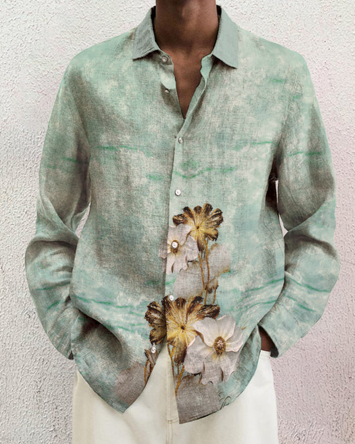 Men's cotton&linen long-sleeved fashion casual shirt d53b