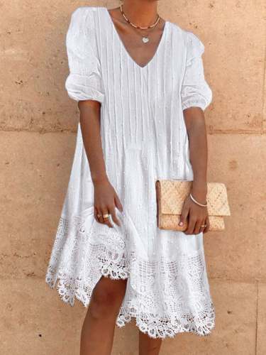 Women's Cotton Linen Short Sleeve Texture Lace Resort Dress