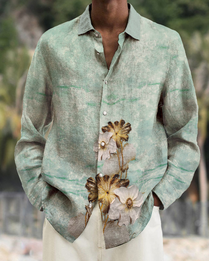 Men's cotton&linen long-sleeved fashion casual shirt d53b