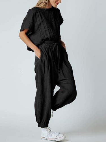 Pleated Loose Button Slit Jumpsuit