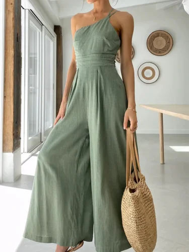 Linen Wide Leg Solid Casual Jumpsuit