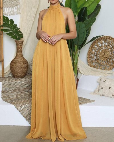 Fashion Casual Halter Pure Color Chiffon Halter Jumpsuit