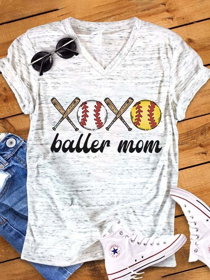 Women's Baller Mom Softball  Print V-Neck Casual T-Shirt