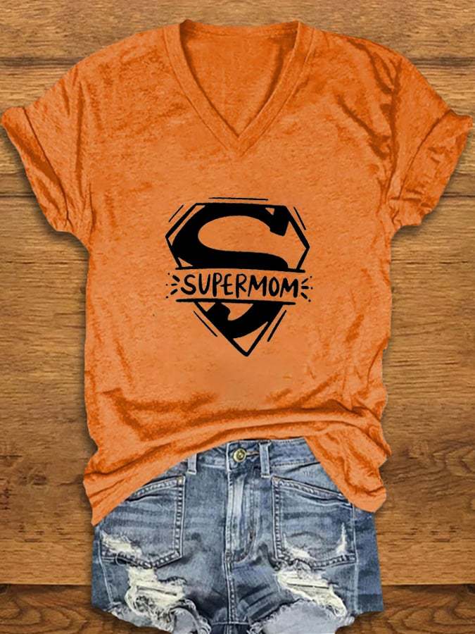 Women's Mother's Day SUPERMOM Print V-Neck T-Shirt