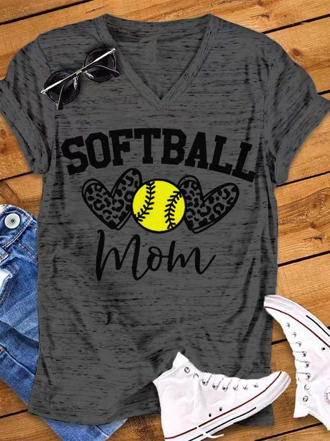 Women's Softball Mom Print V-Neck T-Shirt