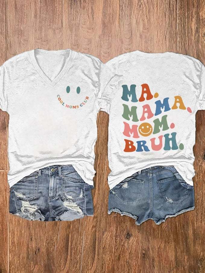 Women's Mother's Day Cool Moms Club Ma Mama Mom Bruh Print V-Neck T-Shirt