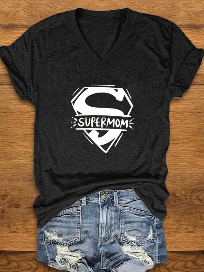 Women's Mother's Day SUPERMOM Print V-Neck T-Shirt