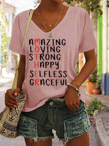 Women's Mother Amazing Loving Strong Happy Selfless Graceful V-Neck Tee