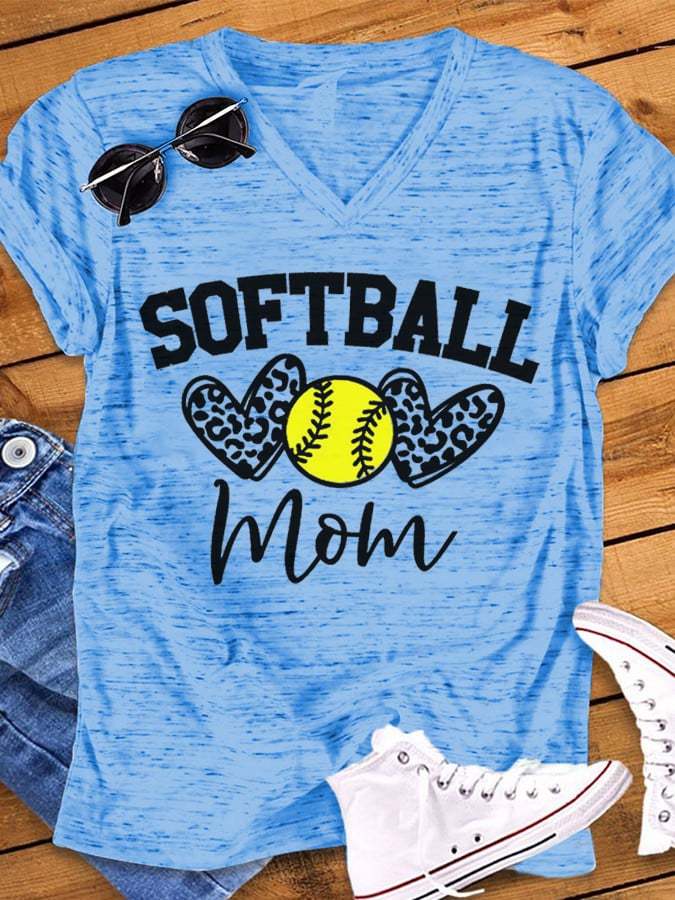 Women's Softball Mom Print V-Neck T-Shirt