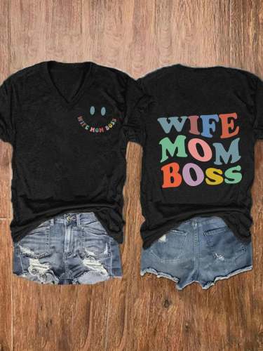 Women's Cool Moms Club, Wife Mom Boss Print Casual T-Shirt