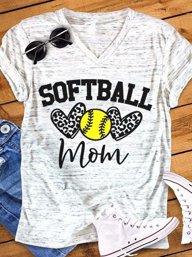 Women's Softball Mom Print V-Neck T-Shirt