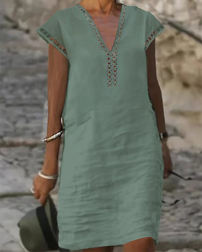 Casual Cotton Linen V-neck Hollow Short-sleeved Dress