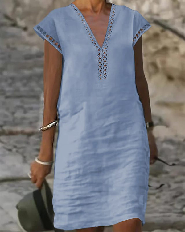 Casual Cotton Linen V-neck Hollow Short-sleeved Dress