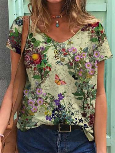 Women's Oil Painting Floral Print V-Neck Short Sleeve Tee