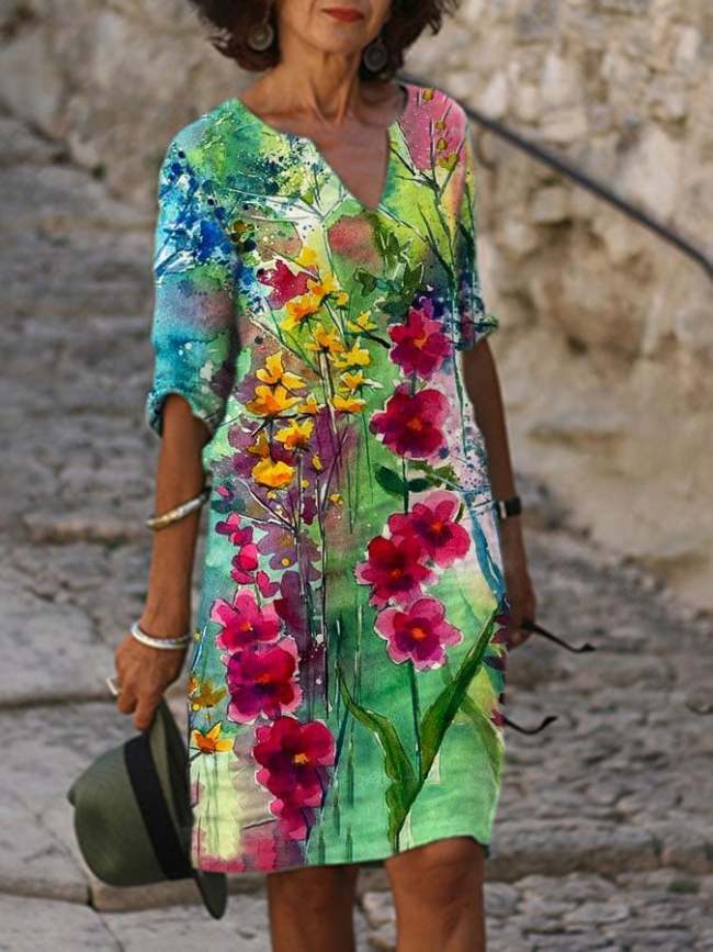 Women's Cotton Linen Oil Painting Floral Print  V-neck Straight Dress