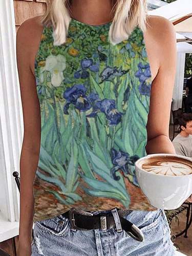 Women's Oil Painting Iris Flower Print Tank Top